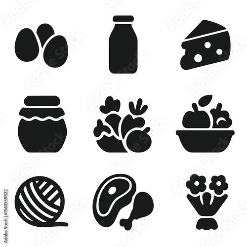 Farm Fresh Icons. Solid, filled icon set of Farm produce: eggs, milk bottle, cheese, honey jar, fresh vegetables, fruits basket,