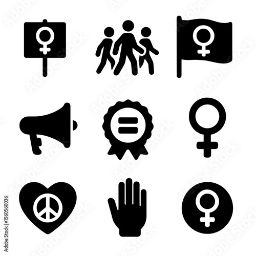 Feminist Icon Grid. Solid, filled icon set of feminist movement icons: protest sign, group walk, banner flag, bullhorn, equality