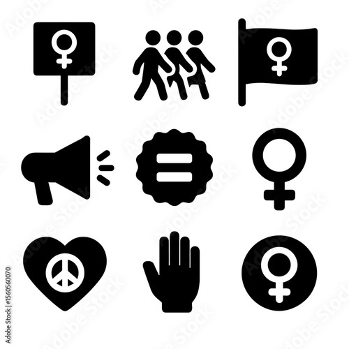 Feminist Icon Grid. Solid, filled icon set of feminist movement icons: protest sign, group walk, banner flag, bullhorn, equality