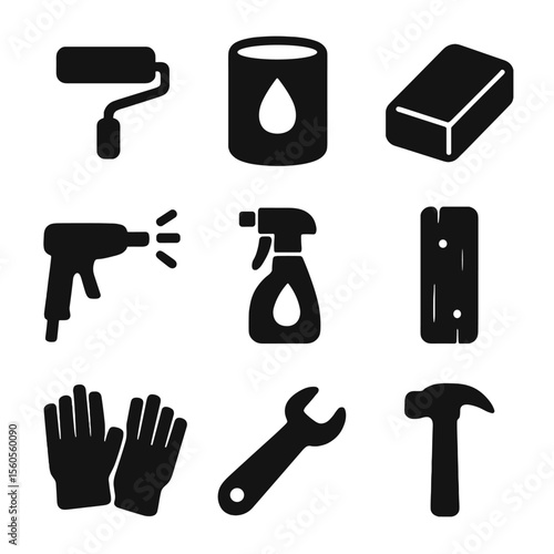 Fence Maintenance Icons. Solid, filled icon set of fence maintenance: paint roller, wood sealer, sanding block, power washer, rust