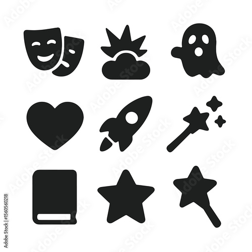 Film Genre Icons. Solid, filled icon set of movie genres: comedy mask, drama mask, action explosion, horror ghost, romance heart,