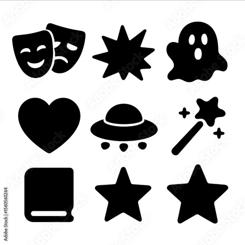 Film Genre Icons. Solid, filled icon set of movie genres: comedy mask, drama mask, action explosion, horror ghost, romance heart,