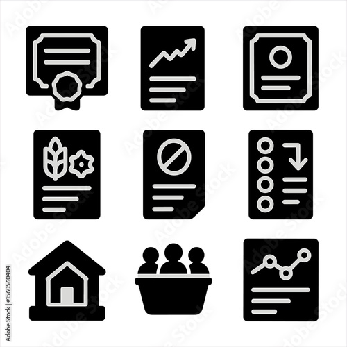 Financial Instruments Icons. Solid, filled icon set of financial instruments: stock certificate, ETF, bond, futures contract,