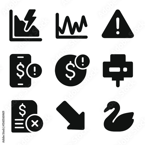 Financial Risk Icons. Solid, filled icon set of financial risks and volatility: crash icon, volatility curve, loss warning, margin