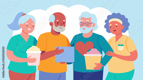 A group of elderly friends volunteering together at a local charity using their time and skills to give back to the community. The sense of purpose and fulfillment they gain from. Vector illustration