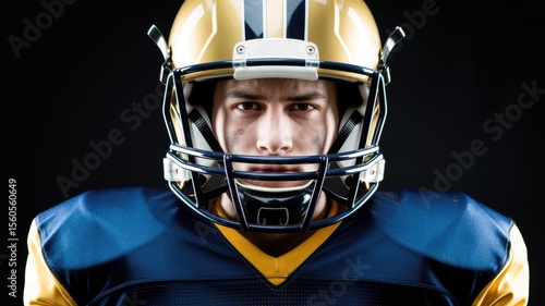 A determined football player in a gold and blue uniform, wearing a protective helmet with a fierce expression.