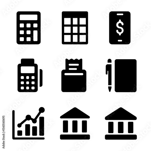 Financial Tools Icons. Solid, filled icon set of financial tools: calculator, spreadsheet, mobile app, credit card reader, receipt
