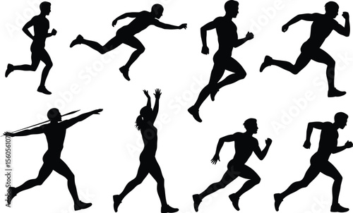 Athlete silhouettes set vector illustration running jumping throwing sports fitness workout training m