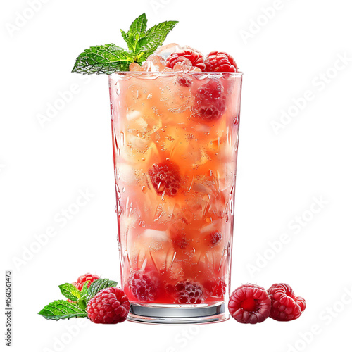 Refreshing raspberry mint cooler with ice and fresh berries isolated on transparent background
