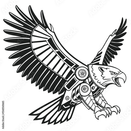 Illustration of a robotic eagle with outstretched wings and sharp talons in black and white style