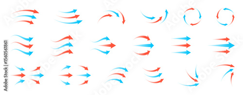 Airflow and ventilation symbol set with red and blue arrows, hot and cold wind streams, fan rotation and filtration icons. Clean transparent vector illustration for HVAC, purifier or climate systems.