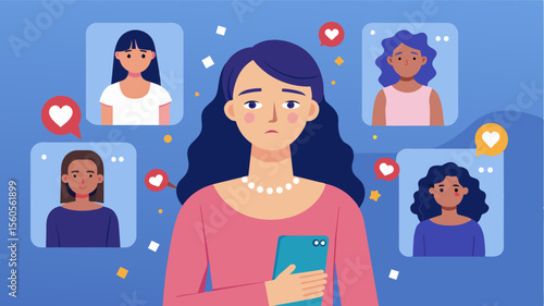 A teenage girl comparing herself to the heavily edited and filtered photos of models on social media leading to feelings of insecurity and body dysmorphia.. Vector illustration