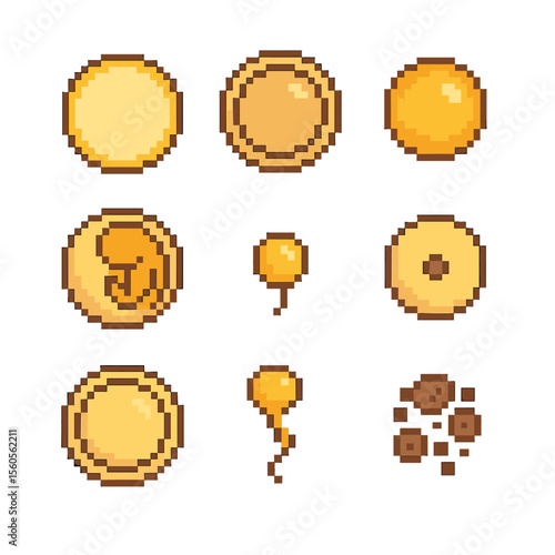 Fish Egg Anatomy Icons. Pixel art icon set of fish egg anatomy: yolk membrane, chorion layer, oil droplet, embryonic cell, stalk
