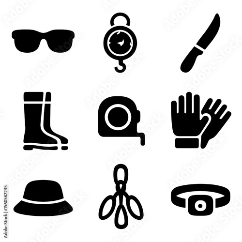 Fishing Gear Icons. Solid, filled icon set of fishing accessories: polarized sunglasses, fish scale, fillet knife, waterproof