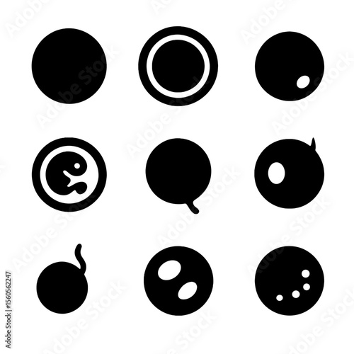 Fish Egg Anatomy Icons. Solid, Filled icon set of fish egg anatomy: yolk membrane, chorion layer, oil droplet, embryonic cell,