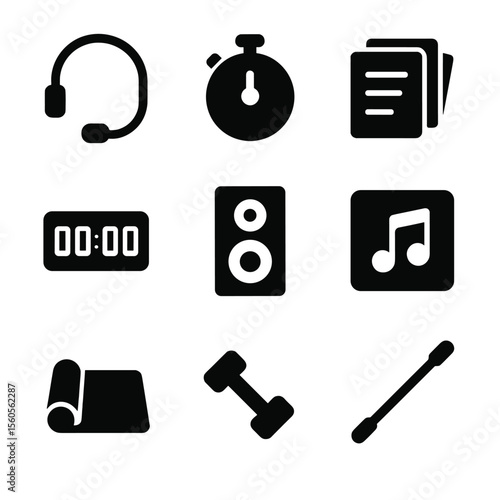 Fitness Instructor Toolkit. Solid, filled icon set of fitness instructor tools: headset mic, stopwatch, cue cards, workout timer,