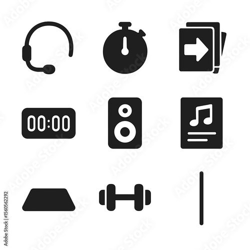 Fitness Instructor Toolkit. Solid, filled icon set of fitness instructor tools: headset mic, stopwatch, cue cards, workout timer,