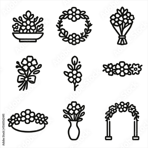 Floral Icon Collection. Solid, filled icon set of floral arrangement styles: centerpiece, wreath, bouquet, corsage, boutonniere,