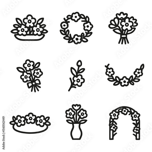 Floral Icon Collection. Solid, filled icon set of floral arrangement styles: centerpiece, wreath, bouquet, corsage, boutonniere,