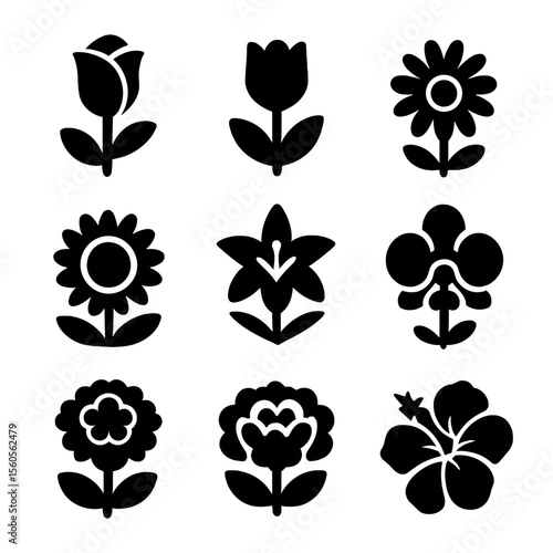 Flower Icon Grid. Solid, filled icon set of popular flowers: rose, tulip, daisy, sunflower, lily, orchid, marigold, peony,