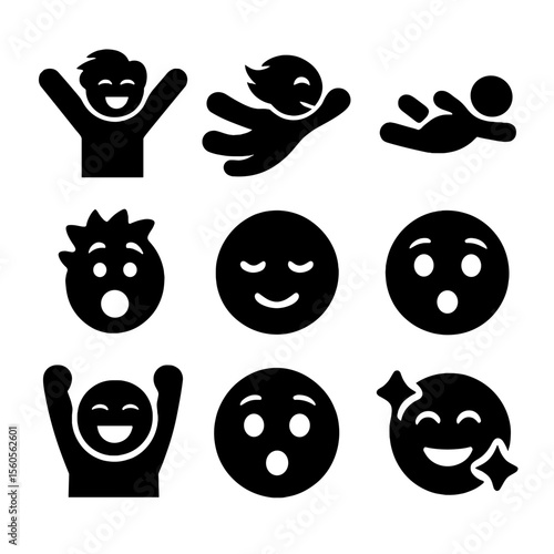 Icons of Flying Emotions. Solid, Filled icon set of emotions and sensations of flying: exhilaration, freedom, weightlessness,