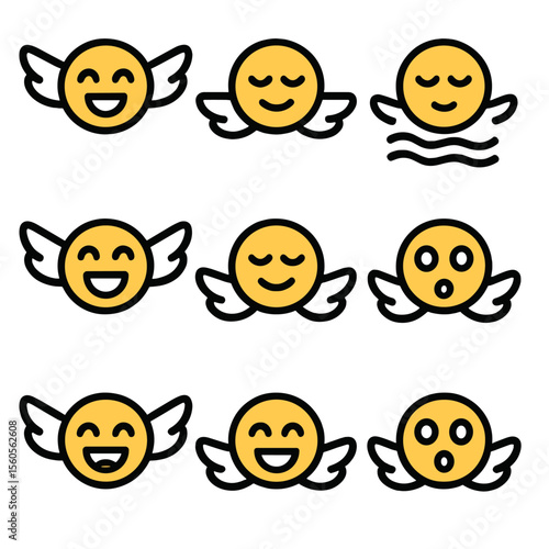 Flying Emotions Icons. Flat icon set of emotions and sensations of flying: exhilaration, freedom, weightlessness, thrill, serenity