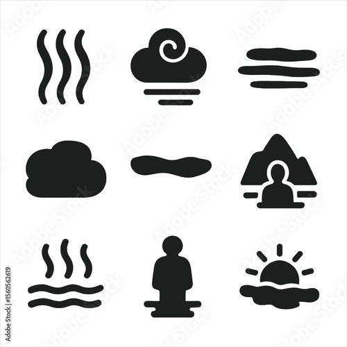 Fog and Mist Icons. Solid, filled icon set of fog and mist elements: rising vapor, cloud swirl, hovering mist, thick patch, soft