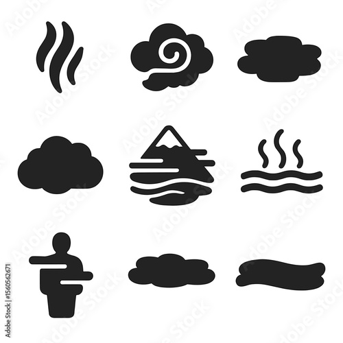 Fog and Mist Icons. Solid, filled icon set of fog and mist elements: rising vapor, cloud swirl, hovering mist, thick patch, soft