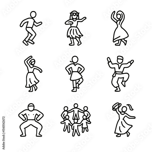 Folk Dance Icon Set. Outline icon set of folk and traditional dances: clog dance, hula dance, kathak pose, flamenco step, Irish