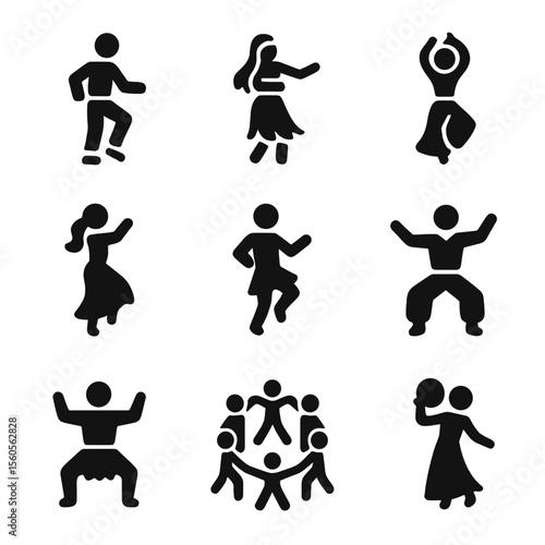 Folk Dance Icons. Solid, Filled icon set of folk and traditional dances: clog dance, hula dance, kathak pose, flamenco step, Irish