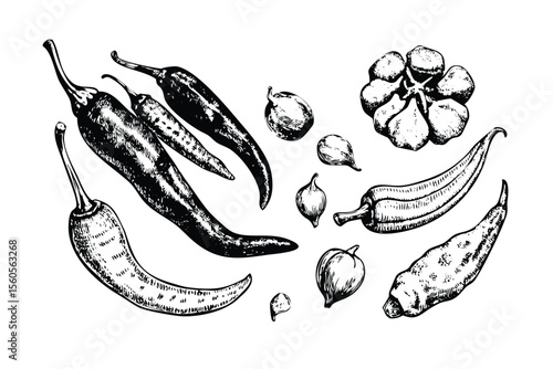 Spicy Ingredients Vector Engraving Set. Detailed Monochrome Illustrations of Chili Peppers and Spices. Vintage Botanical Style