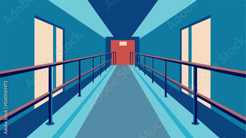 A hallway with a handrail or banister on both sides to provide support and guidance for individuals with dementia as they move throughout the home.. Vector illustration
