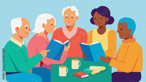 A lively discussion group at the senior center with older adults exchanging opinions and ideas on current events or a chosen book to keep their minds sharp and engaged.. Vector illustration