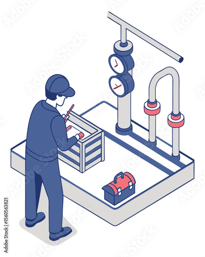 Illustration showing a technician servicing large industrial water pumps in a utility room for building infrastructure upkeep, isometric and isolated.