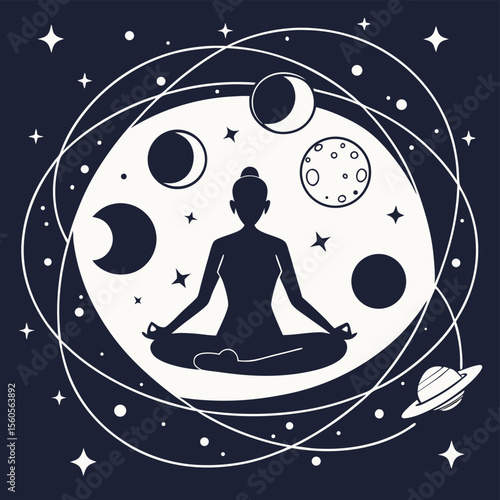 Silhouette of woman in lotus position surrounded by moon phases stars and planet orbs in space scene