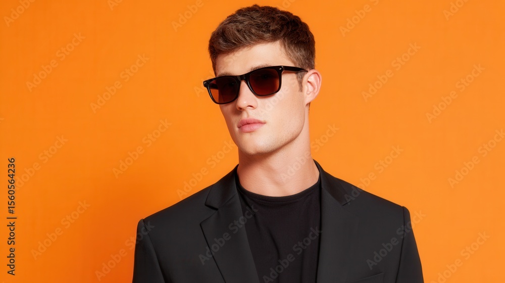 Fototapeta premium Stylish man in a suit and sunglasses against an orange backdrop for a fashionable and sophisticated look with a modern appeal
