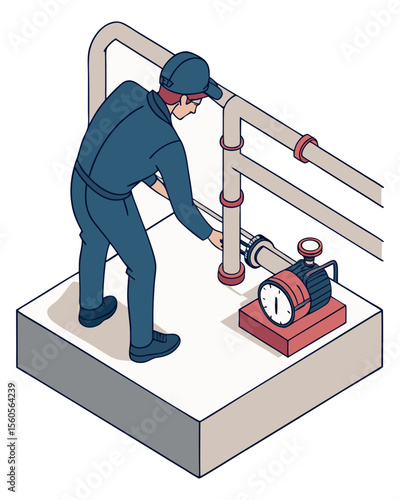 Isometric rendering of a technician performing routine maintenance on a water pumping system in an industrial setting, representing building service operations.