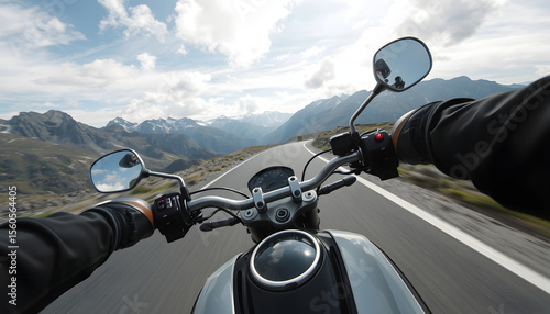 POV of motorbiker holding steering bar, riding in Alps, one line art. White tone