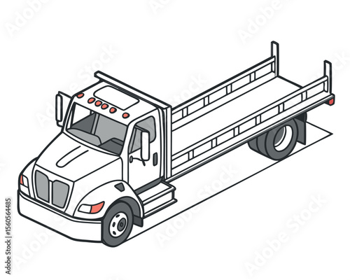 Isometric illustration of a white flatbed tow truck with striped safety markings, isolated on white background for transportation and roadside assistance concepts.