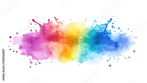 Abstract watercolor splatter. Vibrant colors blend in a horizontal swath against a white background