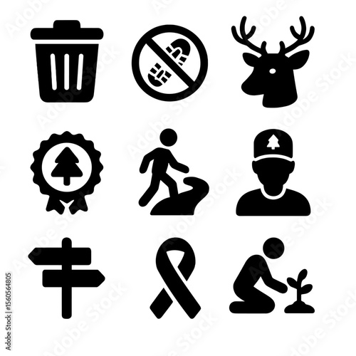 Forest Conservation Icons. Solid, filled icon set of forest conservation and respect: trash bin, leave no trace, wildlife