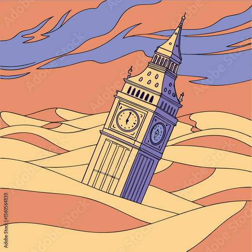 Big ben clock tower sinking into sand dunes with a surreal sky in a stylized illustration