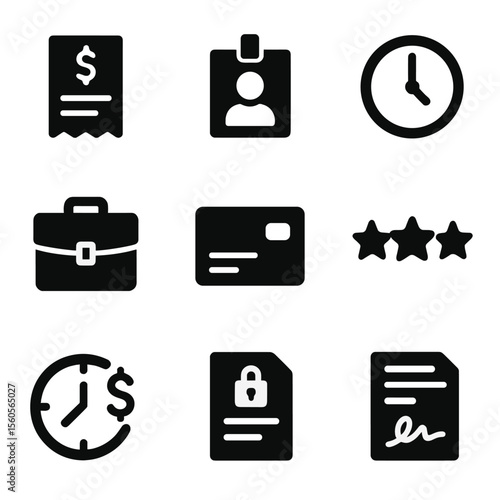 Freelancing Icon Set. Solid, filled icon set of freelancing life: invoice, freelancer ID, clock-in, portfolio case, payment card,