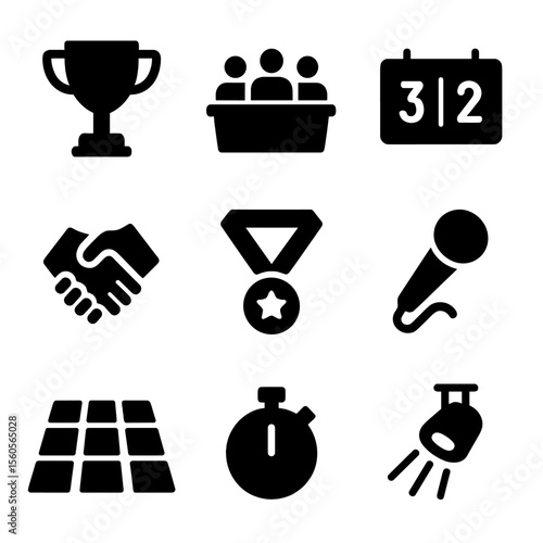 Freestyle Dance Icons. Solid, filled icon set of freestyle dance competitions: trophy, judge panel, scoreboard, handshake, medal,