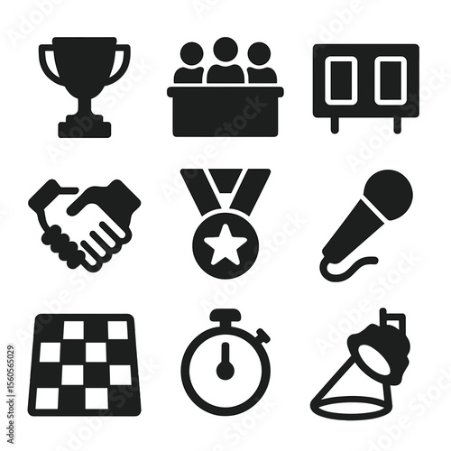 Freestyle Dance Icons. Solid, filled icon set of freestyle dance competitions: trophy, judge panel, scoreboard, handshake, medal,