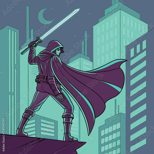 Heroic figure with a sword stands atop a building overlooking a city at night under the moonlight