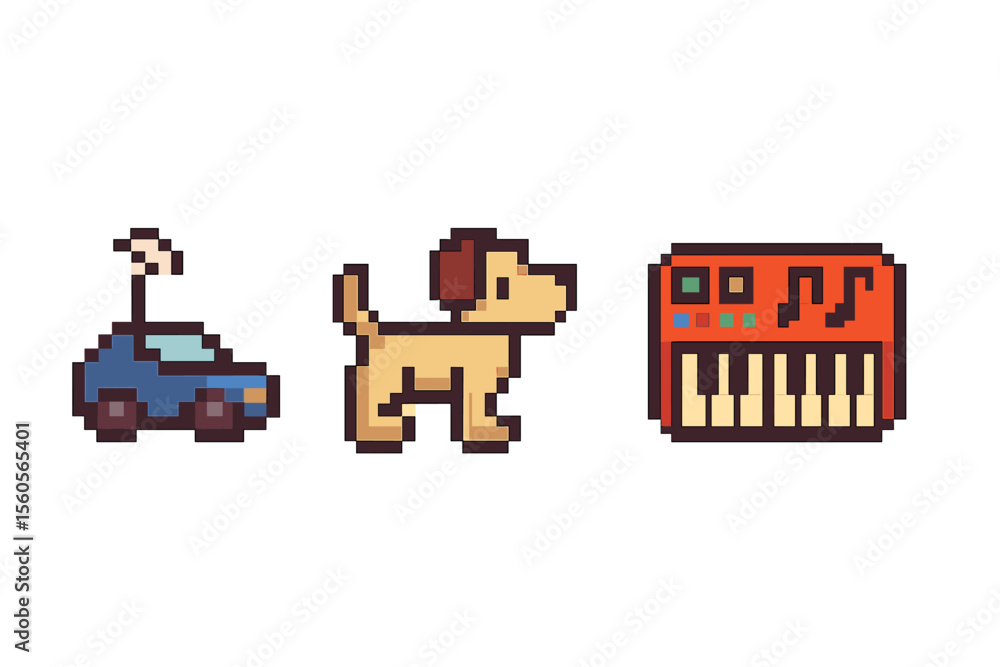Fototapeta premium Retro pixel art: car, dog, and synthesizer icons vector icon isolated illustration