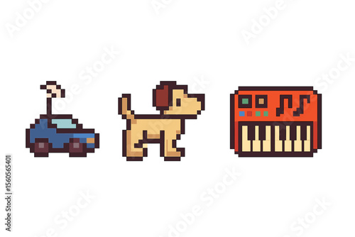 Retro pixel art: car, dog, and synthesizer icons vector icon isolated illustration