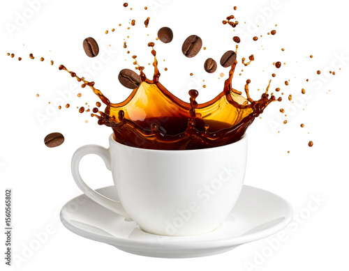 Coffee Splash Bursting Out of White Mug with Flying Beans, Transparent Clip Art PNG