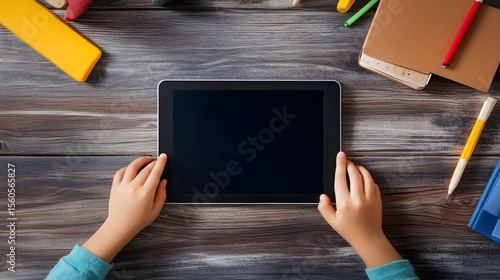 Child's hands holding a tablet computer on a wooden desk.